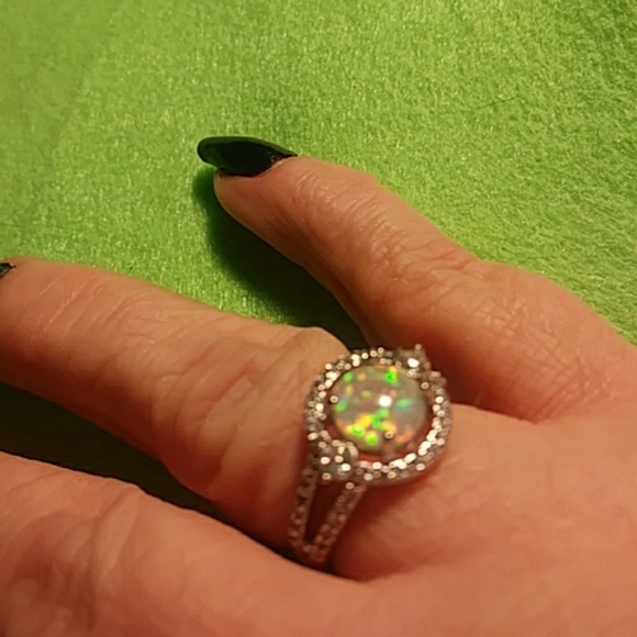 SOLD New Lab created opal halo ring sz7 - Picture 2 of 7